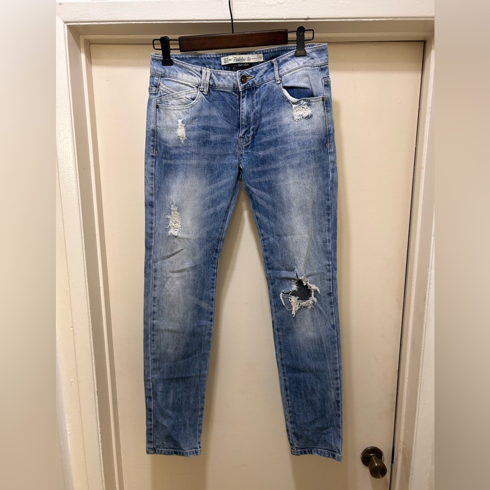 Zara Slim Jeans Womens Size 6 Trafaluc Premium Wash Distressed Ripped Knee Denim